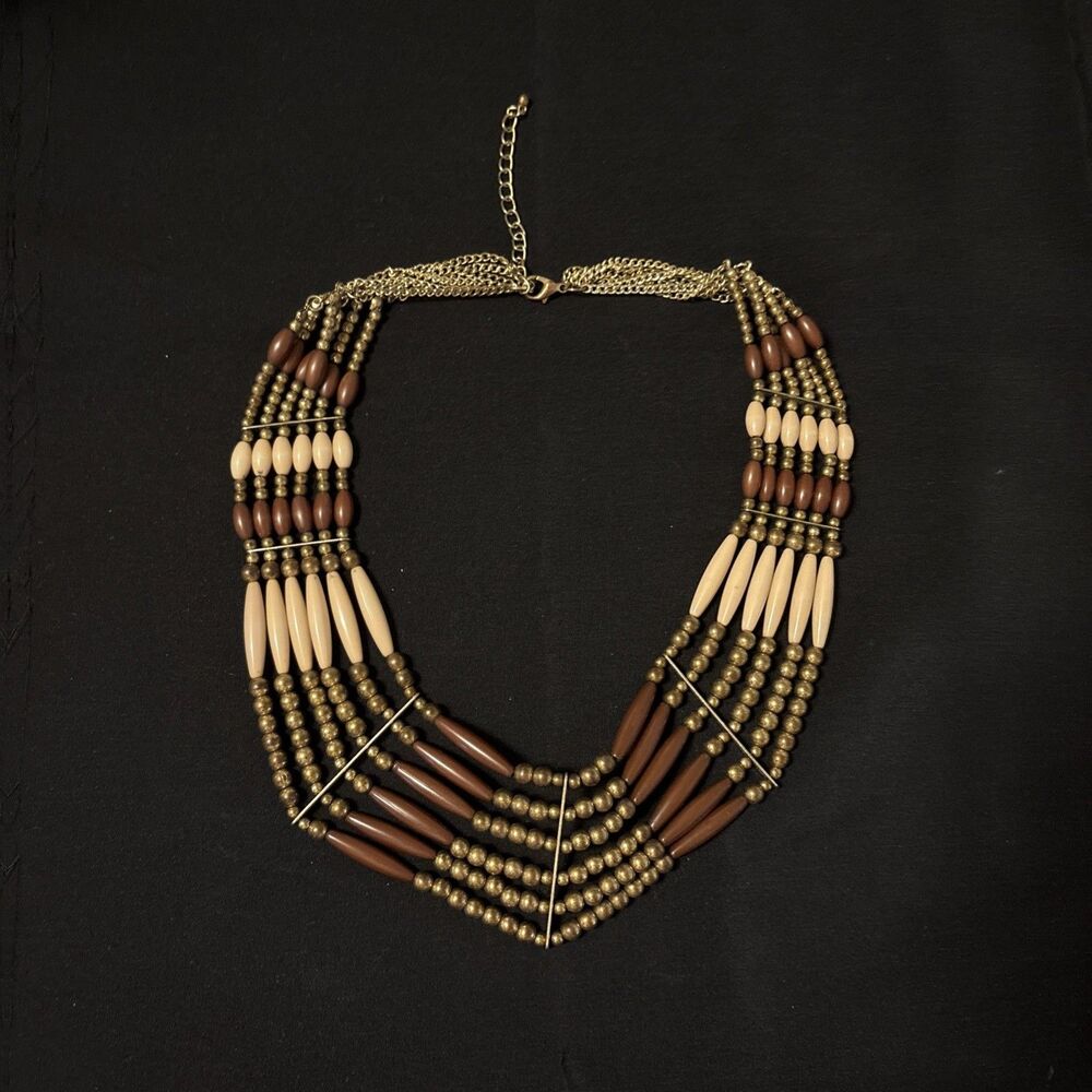 BOHO Style Brown Cream Gold Multi-Strand Beaded Woven Choker Statement Necklace